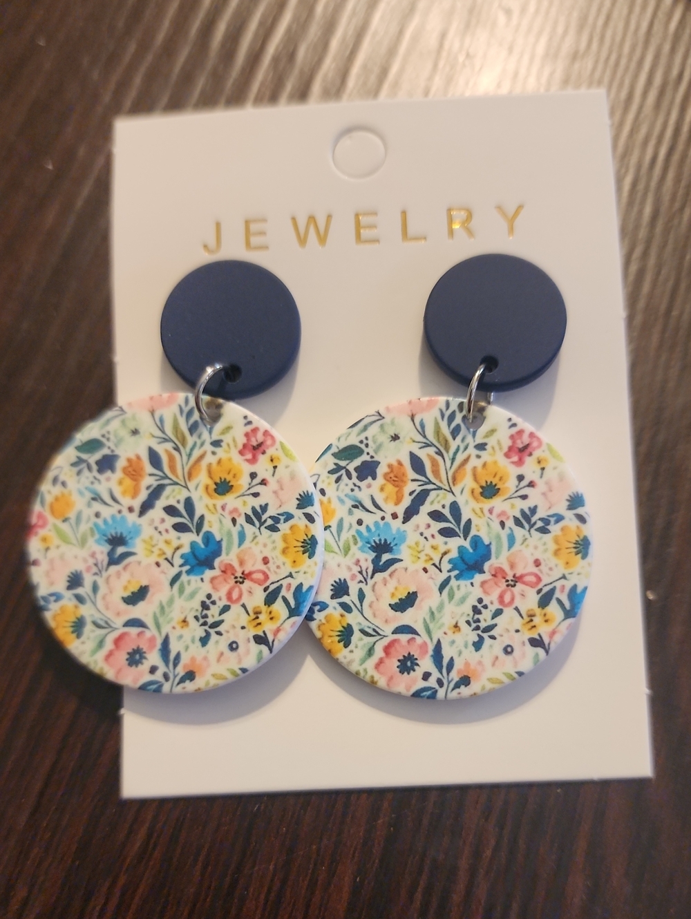 Floral Round Drop Earrings with Navy Stud